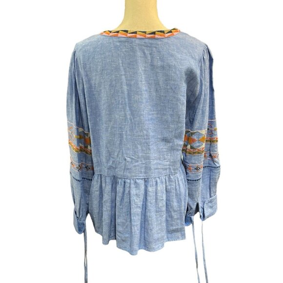 A Loves A Top Womens L Blue Linen Blend Embroidered Tunic Boho Festival‎ Western - Picture 3 of 9